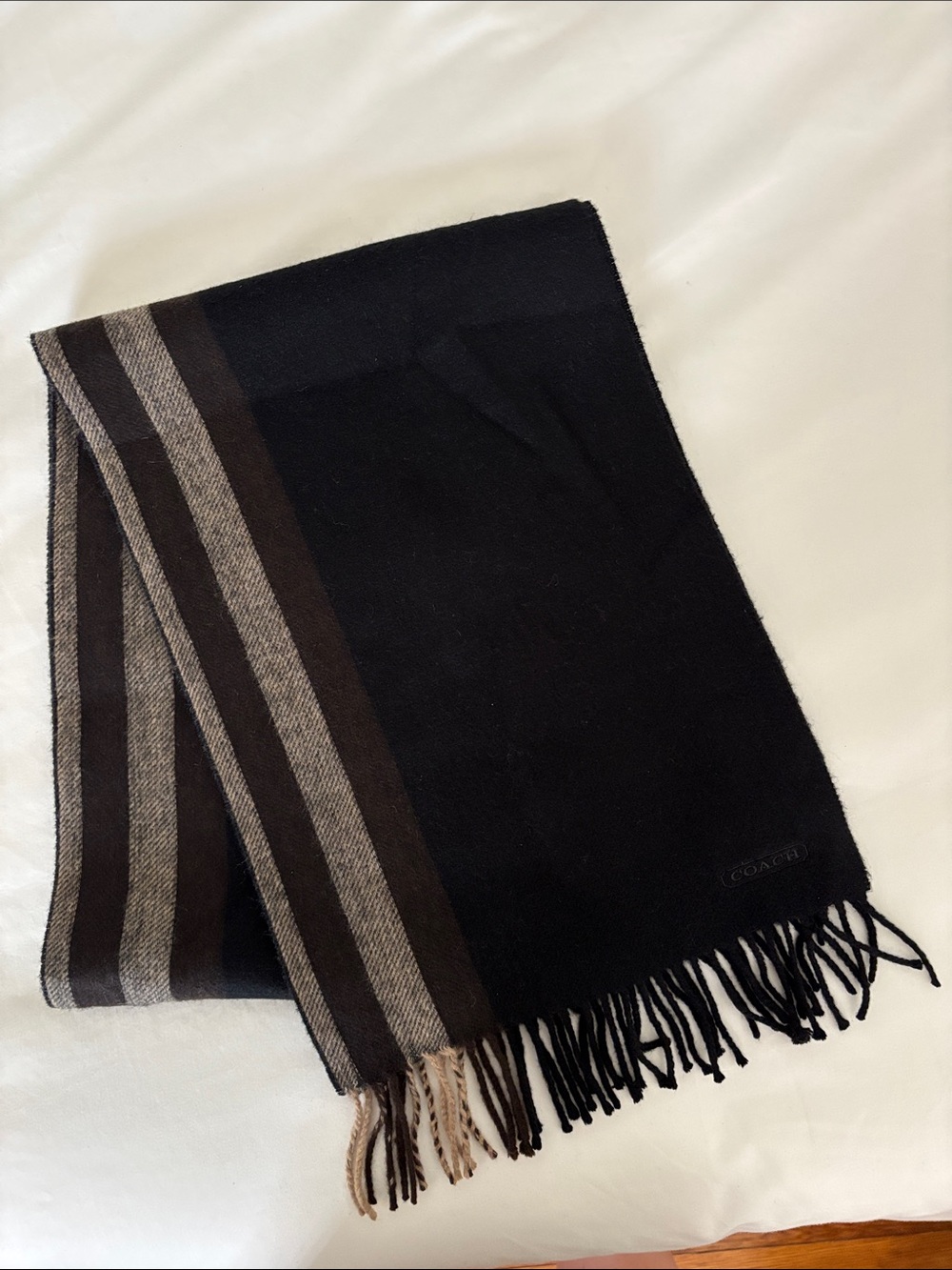 Men’s Coach Cashmere Scarf with Brown & Gray Stripe Accents